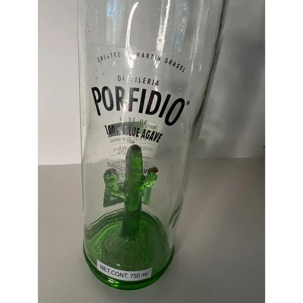 Porfidio Tequila Bottle Empty Handblown Green Cactus Art Glass  Wedding Water